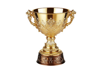 A golden trophy cup with ornate details and two handles, isolated on a white transparent background.