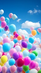 A cluster of colorful balloons floating against a bright blue sky with scattered white clouds.