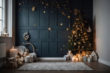 Wall mock up background in children room interior decorated for new year
