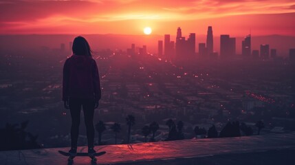 Fototapeta premium A woman stands on a ledge overlooking a city at sunset. Freedom, agility, culture, adrenaline, youth, expression, movement, challenge, street concept.