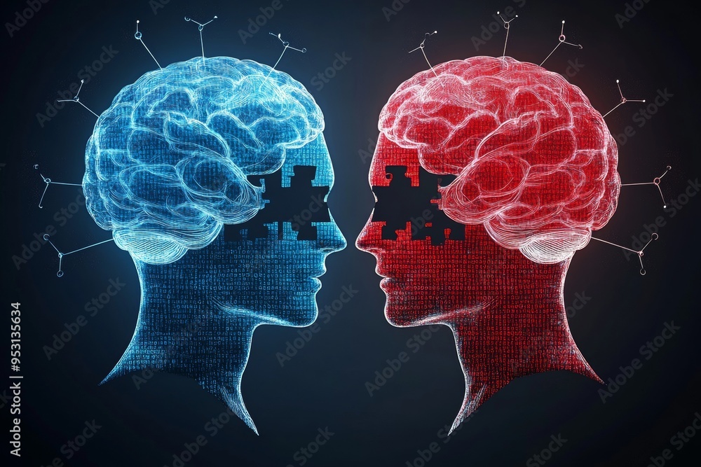 Poster relationship harmony blue and red profile heads with puzzle piece brains connected by glowing neural