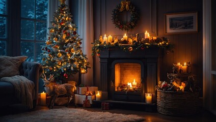Fototapeta premium Warm and cozy home interior with Christmas decorations, such as a fireplace, stockings and a Christmas tree