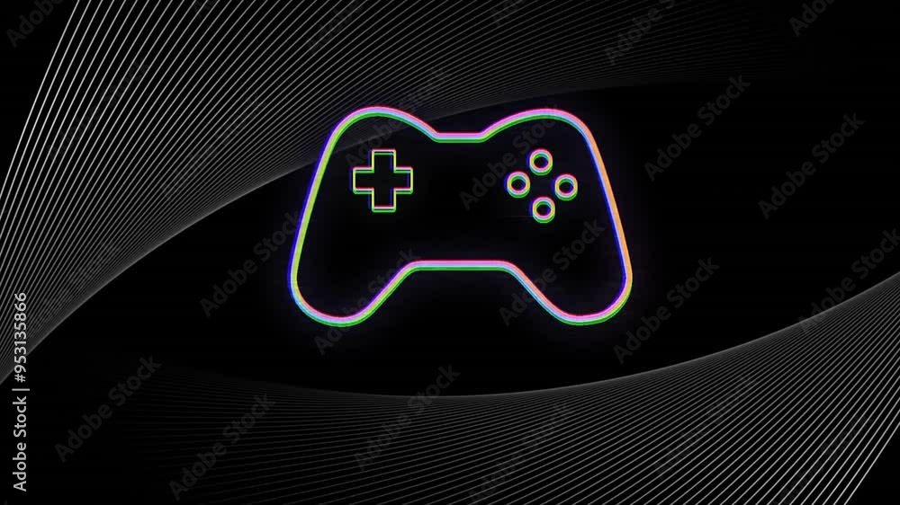 Poster game controller outline animation over black background with curved lines