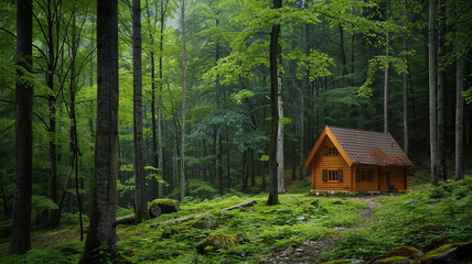 a serene forest with a small wooden cabin nestled among the trees