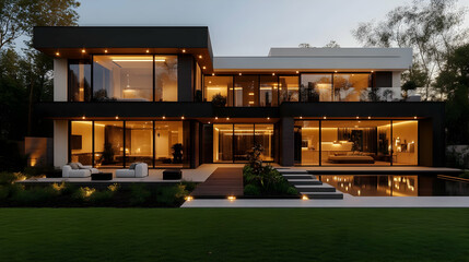 Obraz premium Modern House Design with Large Windows and a Swimming Pool