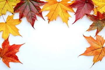 Fototapeta premium Autumn Maple Leaves Flat Lay White Background created with Generative AI