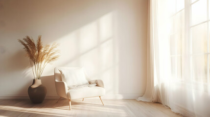 Minimalist Living Room Interior Design with White Armchair, Pampas Grass and Sunlight