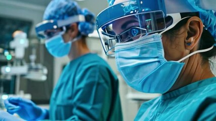 High tech hospital surgeons perform brain surgery using augmented reality display. Future advanced technology. Science futuristic digital concept. Doctor data, medical - Powered by Adobe