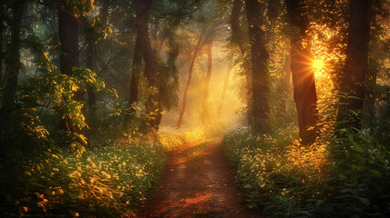 Obraz premium an image of a forest path illuminated by the soft glow of the setting sun