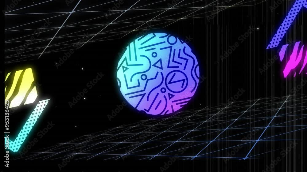 Poster geometric shapes and patterns animation over grid lines and black background