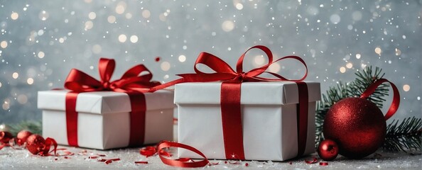  white background space in center with gift boxes, ribbons, red decoration, fir branches, bokeh, sparkles and confetti. Xmas and New Year greeting card, bokeh
