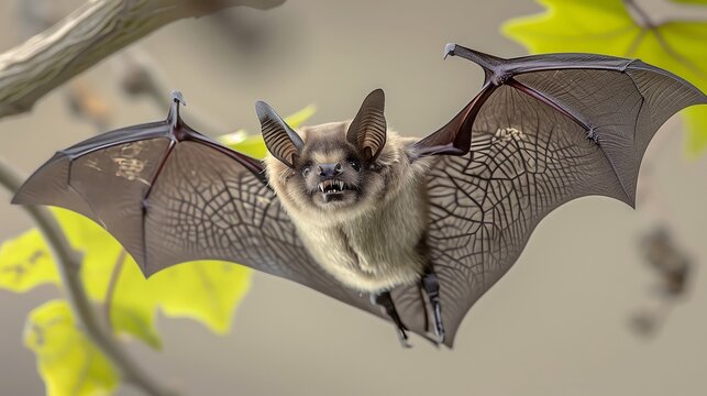 Graceful Bat in Mid-Flight Amongst Leaves