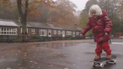 A young girl in a red coat is riding a skateboard in a park. Freedom, agility, culture, adrenaline, youth, expression, movement, challenge, street concept.