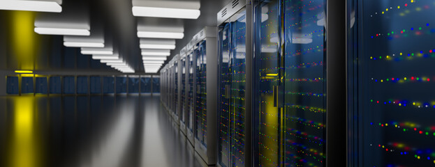 Server. Server data center. Backup, mining, hosting, mainframe, farm and computer rack with storage information. 3d rendering