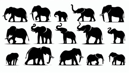set of silhouettes of elephant