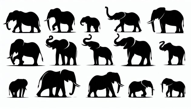 set of silhouettes of elephant