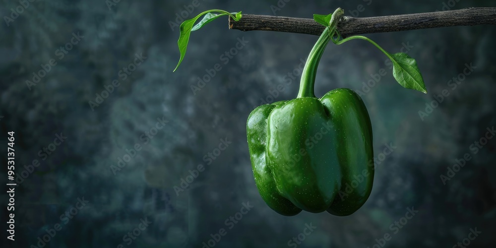 Poster fresh green bell pepper hanging from a stem in its natural setting.