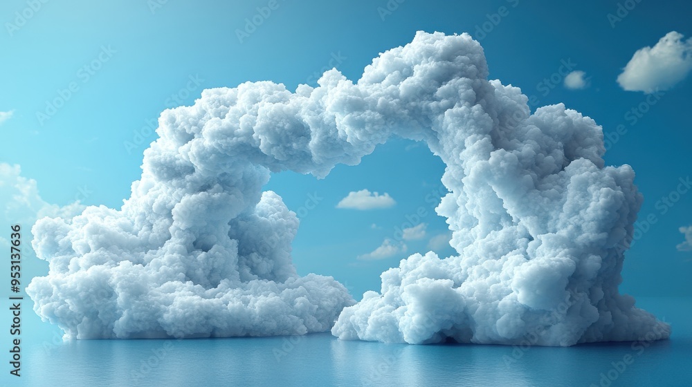 Poster 3d render of a white cloud flying through a minimal rectangular frame in a blue background room, iso