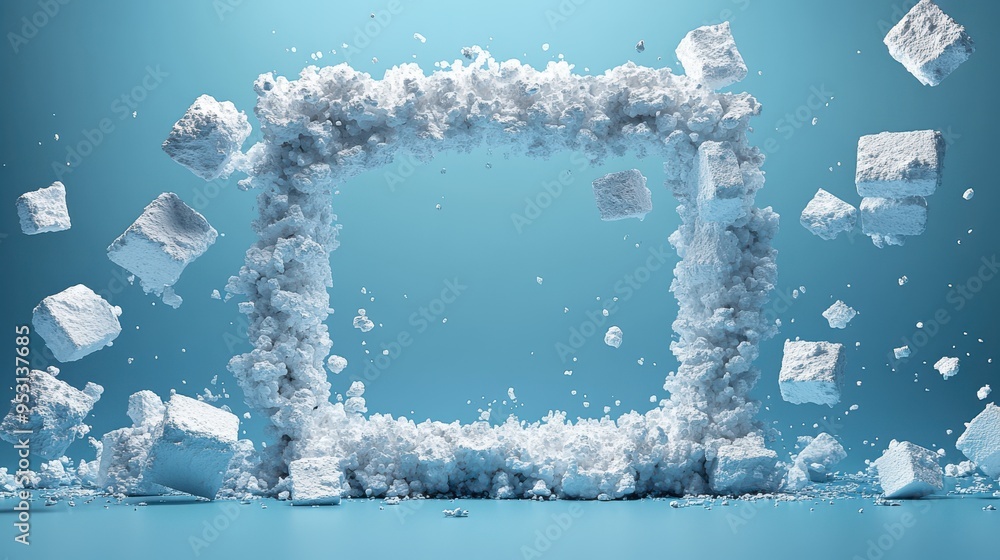 Poster 3D render of a white cloud flying through a minimal rectangular frame in a blue background room, isolating abstract objects in a modern levitation concept, the color of the year.