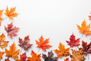 Fototapeta premium Autumn Maple Leaves Flat Lay White Background created with Generative AI