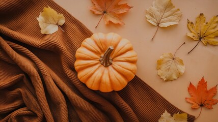 Fototapeta premium A photo of a flat lay with a beige background. There is a pumpkin knit blanket in the center. The overall image has a warm, autumnal color palette.