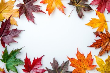 Fototapeta premium Autumn Maple Leaves Flat Lay White Background created with Generative AI
