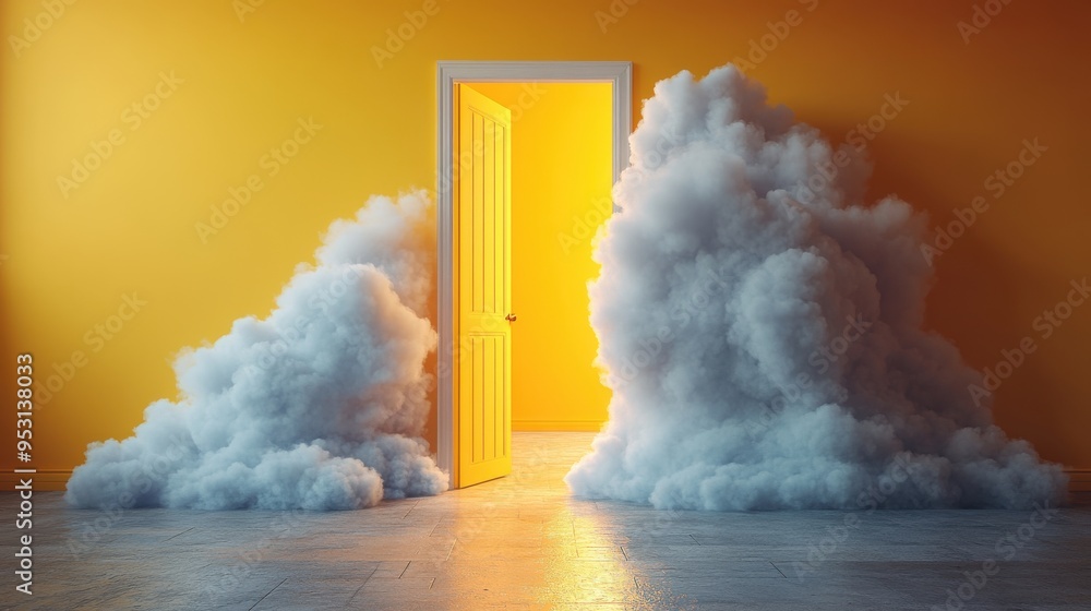 Poster 3d render of fluffy white clouds flying out of an open door, isolated on a bright yellow background,