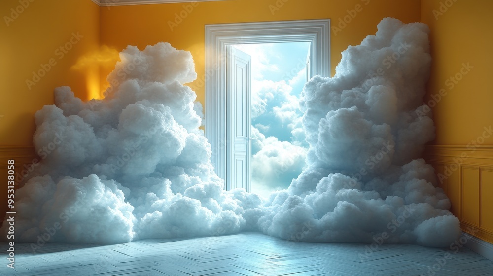 Poster 3d render of fluffy white clouds flying out of an open door, isolated on a bright yellow background,