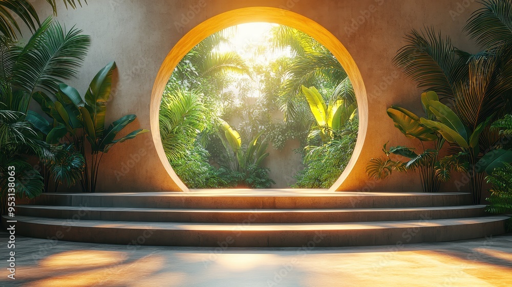 Poster 3d rendering of a minimalist showcase scene with shadows of tropical leaves and a golden arch for pr