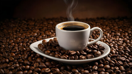 a cup of hot black coffee with coffee beans pile background