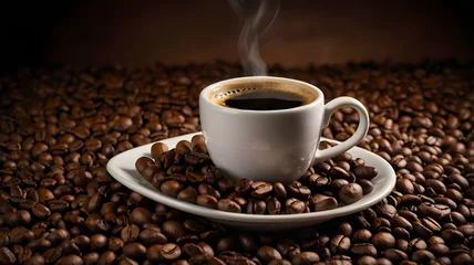 Fototapete Kaffee Bar a cup of hot black coffee with coffee beans pile background  © Rendisain