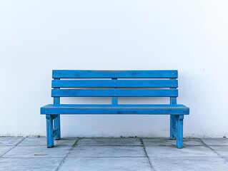 A simple blue bench placed in the lower third of a white background, minimalism at its best, perfect for text overlay or product display, shot with a Sony Alpha A7 IV camera