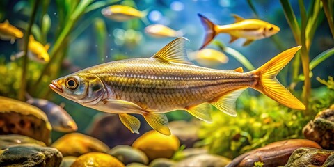 * A vibrant anchoa fish glides effortlessly in a shallow, crystal-clear Caribbean-style aquarium, encased in transparent glass walls amidst a tapestry of aquatic plants.