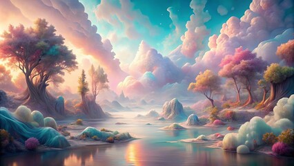Ethereal dream-inspired photo featuring pastel hues, surreal landscapes, and flowing forms, creating an otherworldly atmosphere