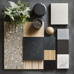 simple design mood board with textures and colors. Modern. Chrome. Brass. Black wood. Rift white oak. Concrete. Marble. Modern planter. Modern plant. Modern pattern tile