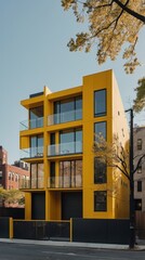 Naklejka premium A modern yellow building with large windows and balconies in an urban setting.