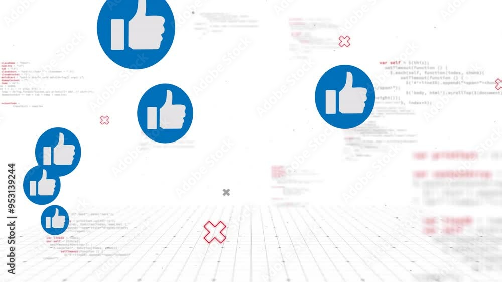 Poster thumbs up icons and red crosses animation over digital code background