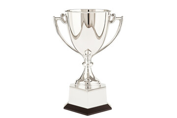 A silver trophy with two handles and a square base on a black surface.