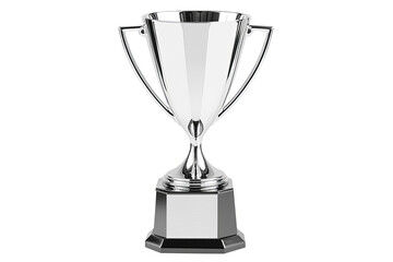 A silver trophy with two handles and a square base, isolated on a white transparent background.