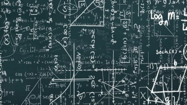 Animating mathematical equations and geometric shapes over dark background - Powered by Adobe