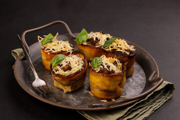 Pionono or Stuffed Fried Plantain is Savory Plantain Roll Stuffed with Beef Filling or Picadillo. Puerto Rican Snack.