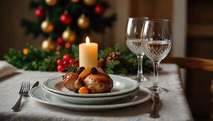  Winter Holiday table served for Christmas dinner 