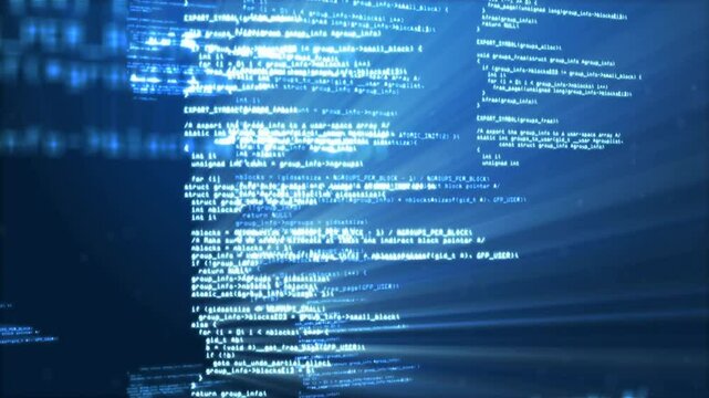Computer code processing and data animation on blue background