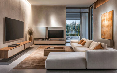 Fototapeta premium Modern minimalist living room interior with futuristic led lighting
