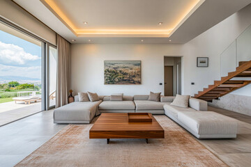 Fototapeta premium Modern minimalist living room interior with futuristic led lighting