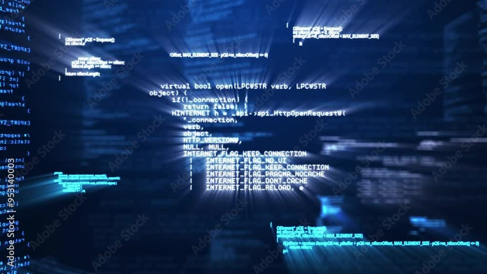 Poster digital code and data processing animation with blue light effects
