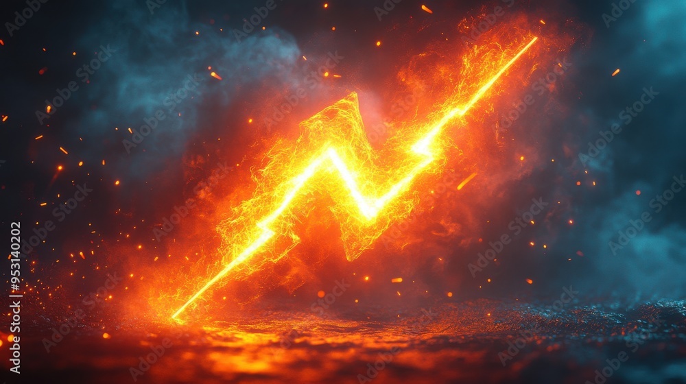 Aufkleber 3d rendering of a simple geometric shape glowing in the dark with bright warm orange lightning symbo