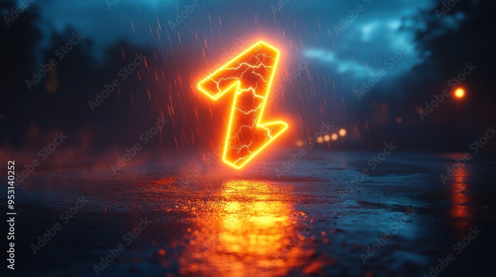 Poster 3d rendering of a simple geometric shape glowing in the dark with bright warm orange lightning symbo