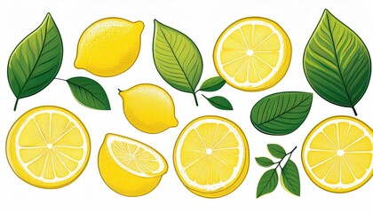 Set of lemons and leaves, isolated on white background	
