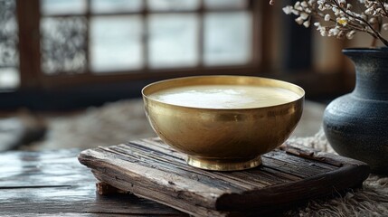 Authentic Korean Makgeolli Served in Antique Brass Bowl - Traditional Korean Rice Wine Beverage